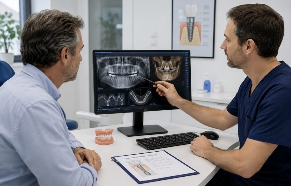 Dentista che illustra una TAC Cone Beam a un paziente durante la valutazione di un preventivo implantologico